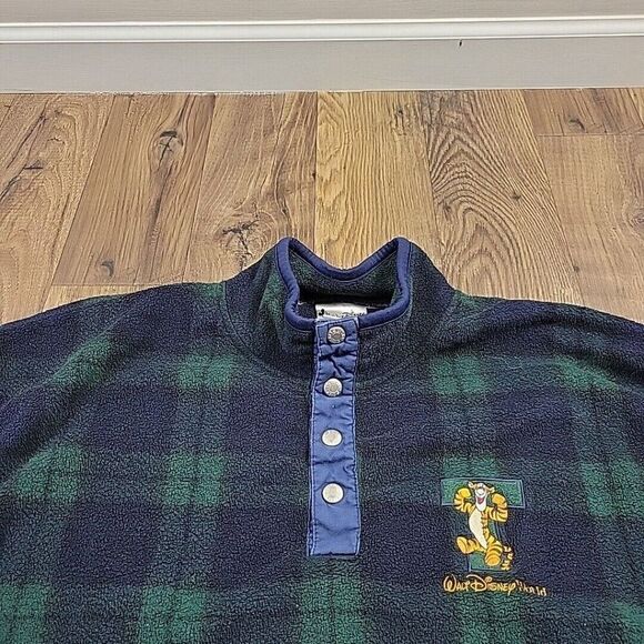 Vintage Walt Disney World Tigger Fleece Adult XL Blue Green Plaid Button Snap - Picture 2 of 8